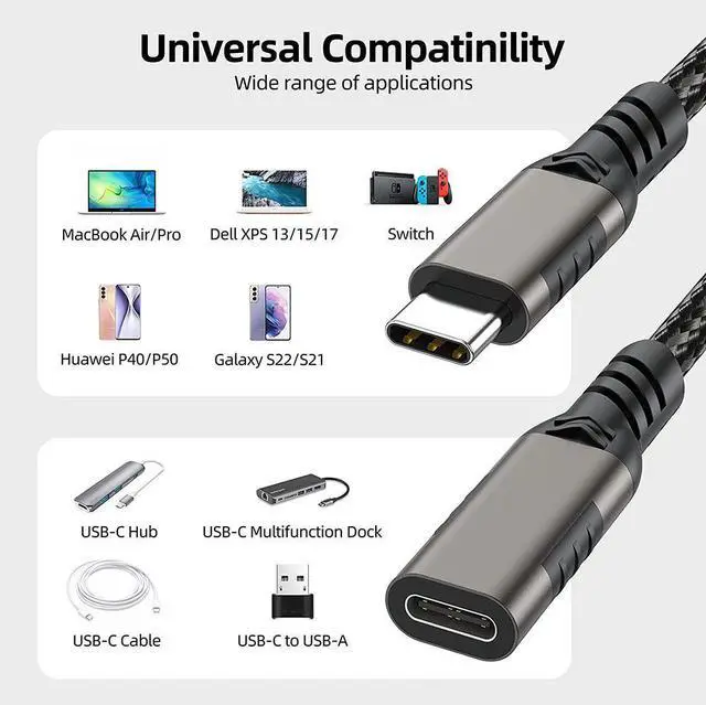 Alt view image 6 of 7 - [2 PACK] USB C Extension Cable 3.3ft / 1M, Nylon Braided USB Type C Extender Cord, USB C Male to USB C Female, USB C 3.1 100W Fast Charging 10Gbps Data Transfer Compatibility for Laptop Mobile Phone