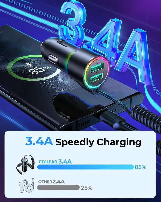 Alt view image 2 of 7 - 3-in-1 [2 Ports USB + 1 Type C] Car Charger, 3.4A USB Car Charger Adapter Dual USB Car Charger with 5ft USB C Cable, Car Charger Adapter for i-Phone Android Smartphones