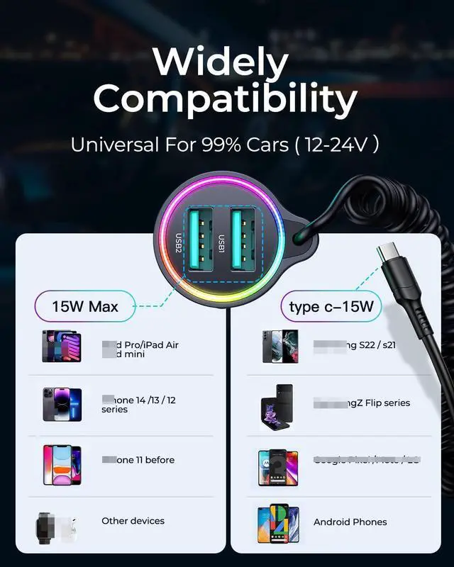 Alt view image 4 of 7 - 3-in-1 [2 Ports USB + 1 Type C] Car Charger, 3.4A USB Car Charger Adapter Dual USB Car Charger with 5ft USB C Cable, Car Charger Adapter for i-Phone Android Smartphones