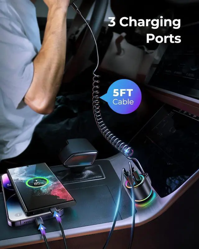 Alt view image 3 of 7 - 3-in-1 [2 Ports USB + 1 Type C] Car Charger, 3.4A USB Car Charger Adapter Dual USB Car Charger with 5ft USB C Cable, Car Charger Adapter for i-Phone Android Smartphones