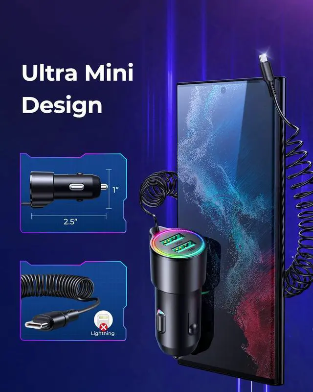 Alt view image 5 of 7 - 3-in-1 [2 Ports USB + 1 Type C] Car Charger, 3.4A USB Car Charger Adapter Dual USB Car Charger with 5ft USB C Cable, Car Charger Adapter for i-Phone Android Smartphones