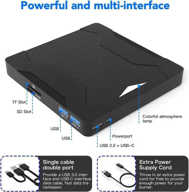 Alt view image 2 of 7 - [5 in 1] External CD DVD Drive, USB 3.0 &Type-C Portable CD/DVD+/-RW Optical Drive/DVD Player for Laptop, External CD/DVD Burner Compatible with Desktop PC Laptop Windows Linux Mac OS