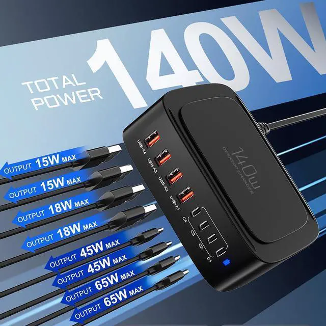 Alt view image 2 of 7 - [8 in 1] USB C Charging Station, 140W USB C Charger Desktop Charging Hub 8-Port for Multiple Devices, 65W Type C Fast Charging Laptop Power Adapter for Ma-c-Book Pro/Air, Tablet, Smartphones and More
