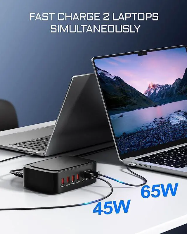 Alt view image 3 of 7 - [8 in 1] USB C Charging Station, 140W USB C Charger Desktop Charging Hub 8-Port for Multiple Devices, 65W Type C Fast Charging Laptop Power Adapter for Ma-c-Book Pro/Air, Tablet, Smartphones and More