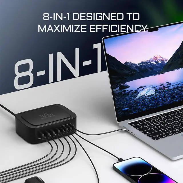 Alt view image 7 of 7 - [8 in 1] USB C Charging Station, 140W USB C Charger Desktop Charging Hub 8-Port for Multiple Devices, 65W Type C Fast Charging Laptop Power Adapter for Ma-c-Book Pro/Air, Tablet, Smartphones and More