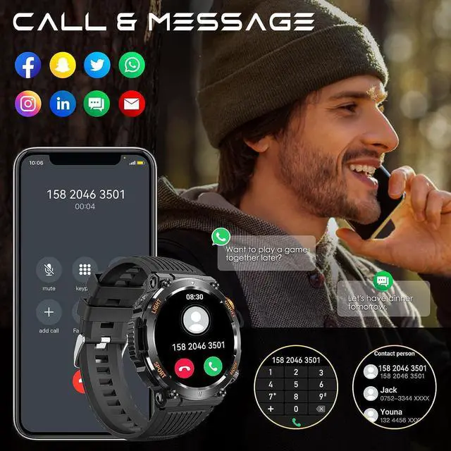 Alt view image 4 of 7 - Rugged Tactical Military Smart Watches for Men with Compass LED Lighting (Make/Answer Call), 1.46'' HD Outdoor Sport Fitness Tracker Watch with Heart Rate Monitor Smart Watch for IOS Android Phones