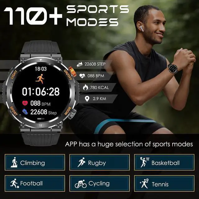 Alt view image 5 of 7 - Rugged Tactical Military Smart Watches for Men with Compass LED Lighting (Make/Answer Call), 1.46'' HD Outdoor Sport Fitness Tracker Watch with Heart Rate Monitor Smart Watch for IOS Android Phones