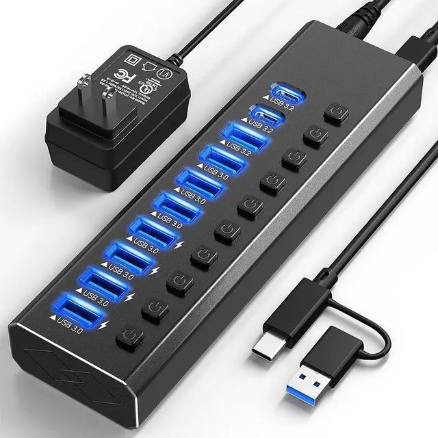 Main image of Powered USB Hub 3.2, 10-Port USB 3.2/USB C Hub (10Gbps USB-A 3.2 + 2x USB-C 3.2 + 7x USB 3.0 Ports) with Individual On/Off Switches and 12V Power Adapter, Aluminum USB Hub Powered for Laptop PC