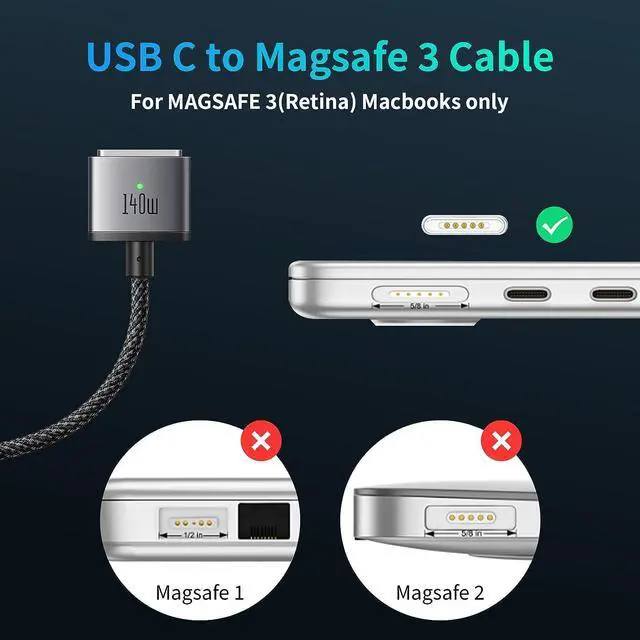Alt view image 4 of 7 - 140W USB-C to Magnetic 3 Cable, Compatible with M-a-c-B-o-o-k Pro 2021 M1 Pro & Max Chip 14" 16", M-a-c-B-o-o-k Air 2022 M2, Pro 2023 M2 Pro & Max Chip 14" 16", Safe 3 Cable for M-a-c-B-o-o-k - 6.6ft