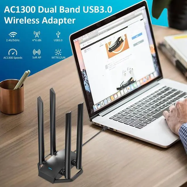 Alt view image 6 of 7 - USB WiFi Adapter for Desktop PC, AC1300Mbps USB Wireless Adapter Dual Band 2.4GHz 400Mbps + 5.8GHz 867Mbps, 4x 6dBi High Gain Antennas, USB 3.0 WiFi Dongle for Windows 7/8/8.1/10/11, XP, Linux