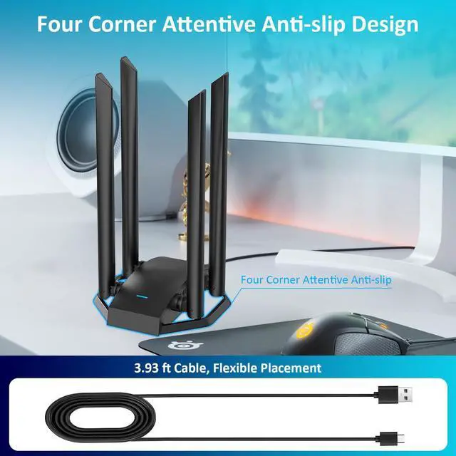 Alt view image 5 of 7 - USB WiFi Adapter for Desktop PC, AC1300Mbps USB Wireless Adapter Dual Band 2.4GHz 400Mbps + 5.8GHz 867Mbps, 4x 6dBi High Gain Antennas, USB 3.0 WiFi Dongle for Windows 7/8/8.1/10/11, XP, Linux