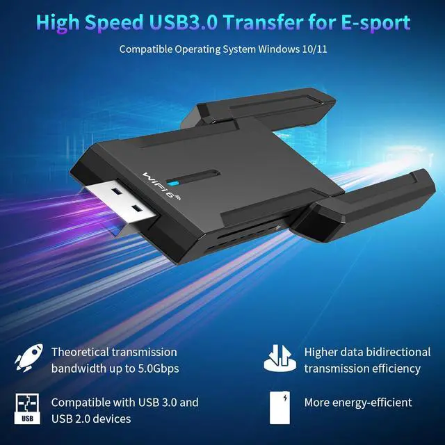 Alt view image 4 of 7 - AX5400 USB 3.0 WiFi 6 Adapter for Desktop PC, Tri-Band 6G/5G/2.4G WiFi Dongle Wireless Adapter, High Speed Wireless Network Adapter with 2 High Gain Antennas, Plug and Play Supports Windows 10/11