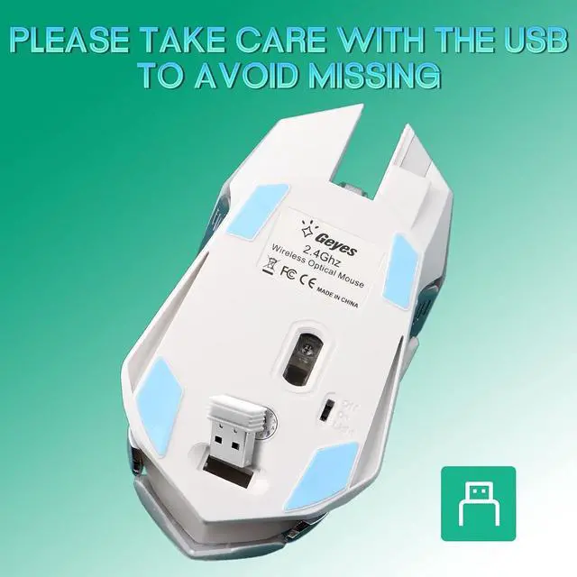Alt view image 5 of 7 - 2.4G RF Wireless Gaming Mouse, Silent Click Wireless Rechargeable Mouse with Colorful LED Lights and 3 Level DPI 400mah Lithium Battery for Laptop and Computer (White)
