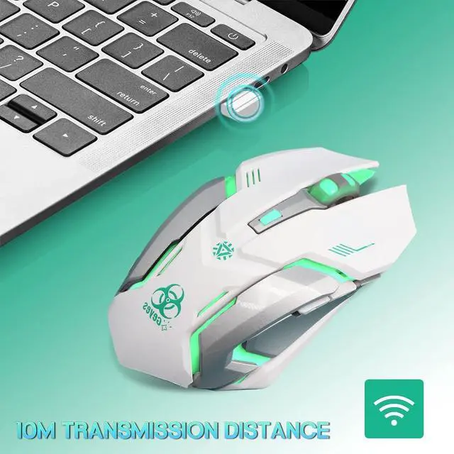 Alt view image 3 of 7 - 2.4G RF Wireless Gaming Mouse, Silent Click Wireless Rechargeable Mouse with Colorful LED Lights and 3 Level DPI 400mah Lithium Battery for Laptop and Computer (White)