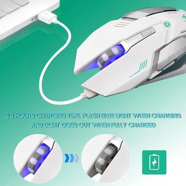 Alt view image 2 of 7 - 2.4G RF Wireless Gaming Mouse, Silent Click Wireless Rechargeable Mouse with Colorful LED Lights and 3 Level DPI 400mah Lithium Battery for Laptop and Computer (White)