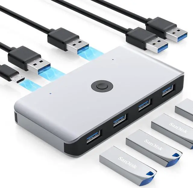 Main image of USB 3.0 KVM Switch Selector for 2 Computers Share 4 USB 3.0 Device, 2 in 4 Out USB 3.0 Switcher for Keyboard Mouse Printer Scanner PC Laptop One Button Switch Adapter with 2 Pack USB 3.0 Cables
