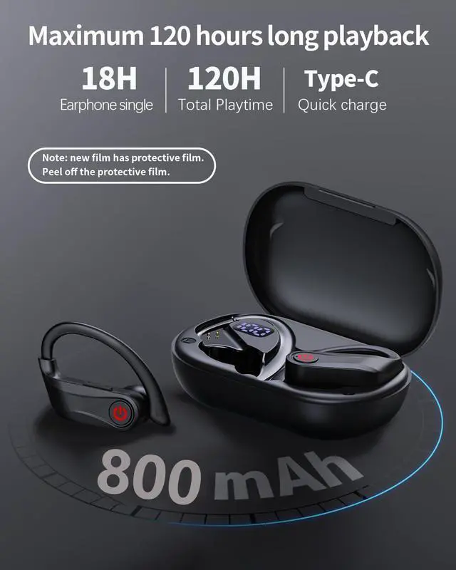 Alt view image 2 of 7 - True Wireless Earbuds, Bluetooth Headphones Sports Over-Ear Bluetooth 5.3 Ear Buds with Earhooks 120H Playtime Wireless Headphones for Workout Waterproof Bluetooth LED Power Display
