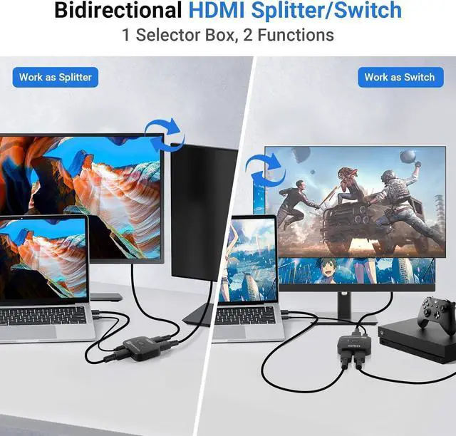 Alt view image 2 of 7 - 2 Ports HDMI Switch 8K@60Hz/4K@120Hz Splitter, Bi-Directional HDMI Switch Hub, 8K HDMI Switch 2 in 1 Out or HDMI Splitter 1 in 2 Out, with Power Cable and IR Remote Control