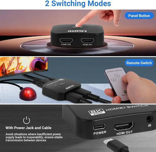 Alt view image 4 of 7 - 2 Ports HDMI Switch 8K@60Hz/4K@120Hz Splitter, Bi-Directional HDMI Switch Hub, 8K HDMI Switch 2 in 1 Out or HDMI Splitter 1 in 2 Out, with Power Cable and IR Remote Control