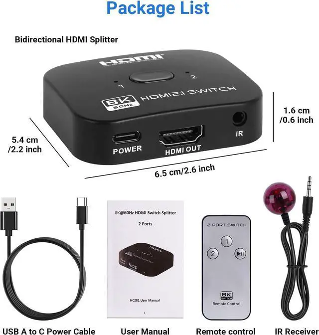 Alt view image 7 of 7 - 2 Ports HDMI Switch 8K@60Hz/4K@120Hz Splitter, Bi-Directional HDMI Switch Hub, 8K HDMI Switch 2 in 1 Out or HDMI Splitter 1 in 2 Out, with Power Cable and IR Remote Control