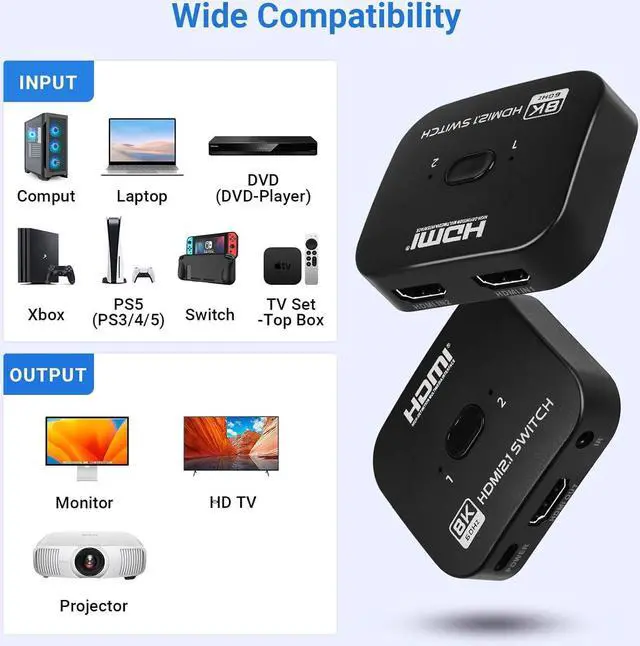 Alt view image 5 of 7 - 2 Ports HDMI Switch 8K@60Hz/4K@120Hz Splitter, Bi-Directional HDMI Switch Hub, 8K HDMI Switch 2 in 1 Out or HDMI Splitter 1 in 2 Out, with Power Cable and IR Remote Control