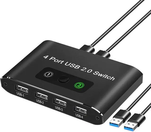 Main image of USB 2.0 Switch 2 in 4 Out, KVM USB Switcher 2 Computers Share 4 USB Port Selector Box for Keyboard, Mouse, Printer, U-Disk, One-Button Swapping with 2 USB A Cable Compatible with Mac/Windows/Linux