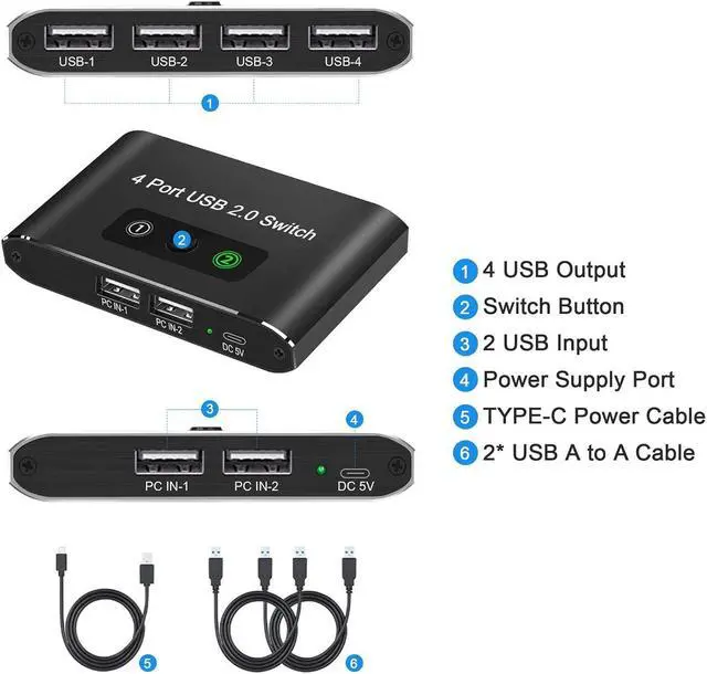 Alt view image 3 of 7 - USB 2.0 Switch 2 in 4 Out, KVM USB Switcher 2 Computers Share 4 USB Port Selector Box for Keyboard, Mouse, Printer, U-Disk, One-Button Swapping with 2 USB A Cable Compatible with Mac/Windows/Linux