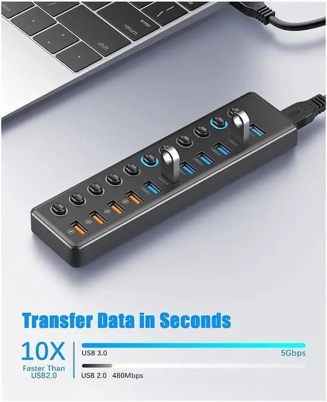 Alt view image 3 of 7 - Powered USB Hub 3.0, 11-Port USB 3.0 Hub Splitter (7x USB 3.0 Data Ports + 4x Smart Charging Port) with 12V/3A Power Adapter and LED Individual On/Off Switches for Laptop and PC