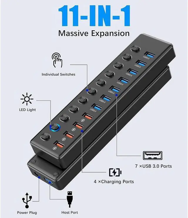 Alt view image 2 of 7 - Powered USB Hub 3.0, 11-Port USB 3.0 Hub Splitter (7x USB 3.0 Data Ports + 4x Smart Charging Port) with 12V/3A Power Adapter and LED Individual On/Off Switches for Laptop and PC