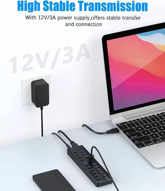 Alt view image 4 of 7 - Powered USB Hub 3.0, 11-Port USB 3.0 Hub Splitter (7x USB 3.0 Data Ports + 4x Smart Charging Port) with 12V/3A Power Adapter and LED Individual On/Off Switches for Laptop and PC