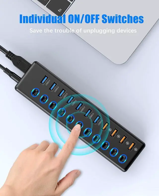 Alt view image 6 of 7 - Powered USB Hub 3.0, 11-Port USB 3.0 Hub Splitter (7x USB 3.0 Data Ports + 4x Smart Charging Port) with 12V/3A Power Adapter and LED Individual On/Off Switches for Laptop and PC