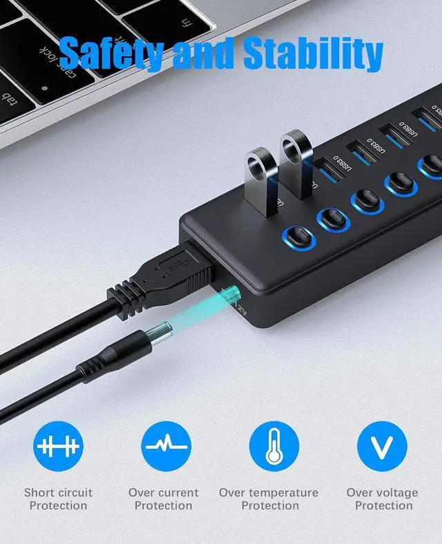 Alt view image 7 of 7 - Powered USB Hub 3.0, 11-Port USB 3.0 Hub Splitter (7x USB 3.0 Data Ports + 4x Smart Charging Port) with 12V/3A Power Adapter and LED Individual On/Off Switches for Laptop and PC