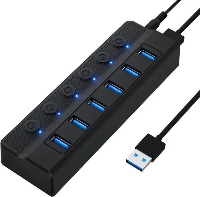 Main image of USB 3.0 Hub 6 Port, 6-Ports USB Hub Splitter for Laptop with Individual On/Off Switches and Light, 3ft/1M Long Cord, USB Port Hub Extension for PC and Computer
