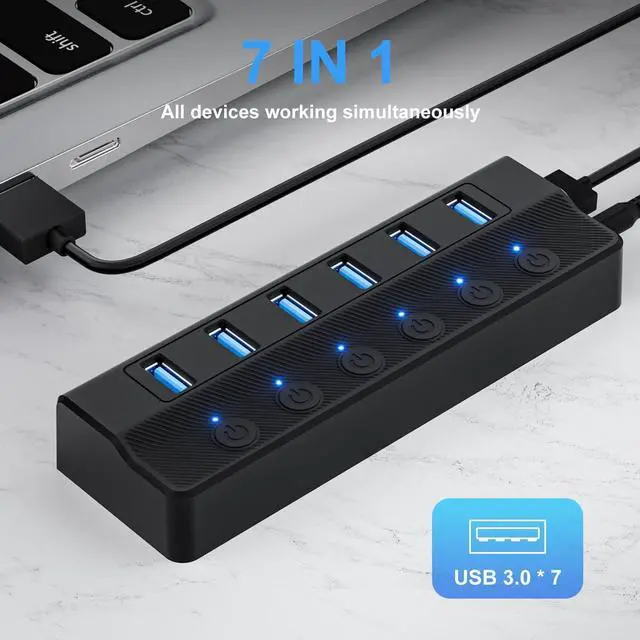 Alt view image 3 of 7 - USB 3.0 Hub 6 Port, 6-Ports USB Hub Splitter for Laptop with Individual On/Off Switches and Light, 3ft/1M Long Cord, USB Port Hub Extension for PC and Computer