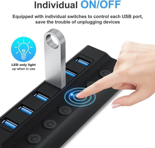 Alt view image 4 of 7 - USB 3.0 Hub 6 Port, 6-Ports USB Hub Splitter for Laptop with Individual On/Off Switches and Light, 3ft/1M Long Cord, USB Port Hub Extension for PC and Computer