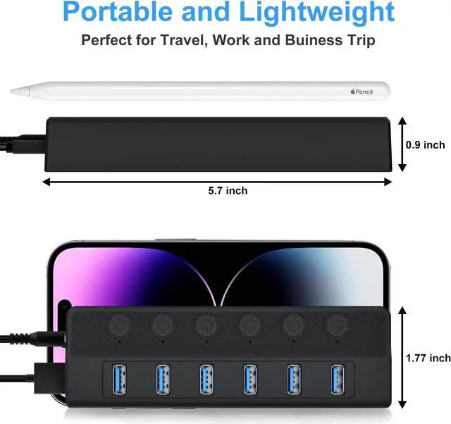 Alt view image 5 of 7 - USB 3.0 Hub 6 Port, 6-Ports USB Hub Splitter for Laptop with Individual On/Off Switches and Light, 3ft/1M Long Cord, USB Port Hub Extension for PC and Computer