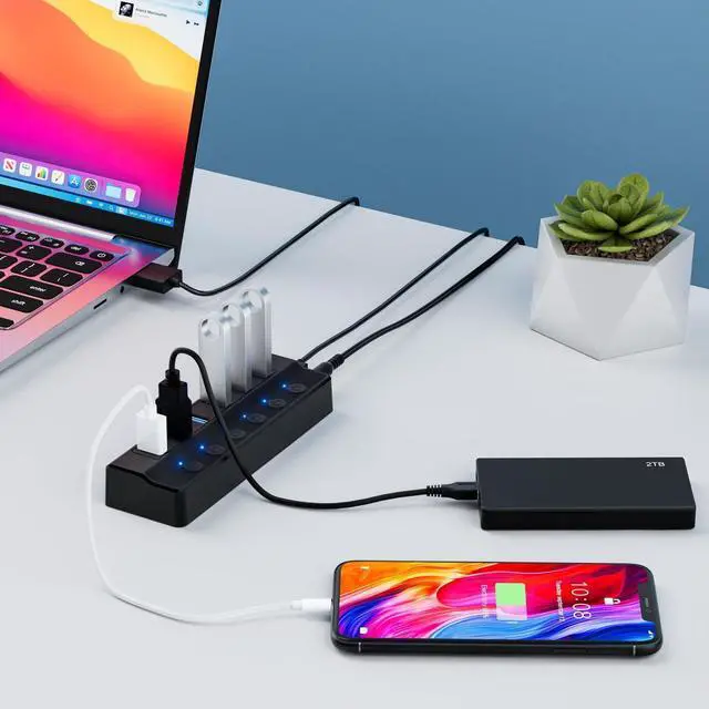 Alt view image 7 of 7 - USB 3.0 Hub 6 Port, 6-Ports USB Hub Splitter for Laptop with Individual On/Off Switches and Light, 3ft/1M Long Cord, USB Port Hub Extension for PC and Computer