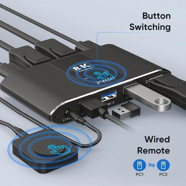 Alt view image 4 of 7 - 2 Port DisplayPort KVM Switch with DP1.4&3 USB 3.0 Ports (USB-A), Supports 8K@60Hz, DP KVM Switch 2 in Out Control 2 PCs Sharing 1 Monitor & USB Devices, Wired Remote and Button Switch, Adaptive EDID