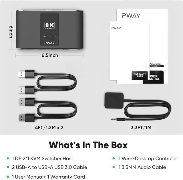 Alt view image 7 of 7 - 2 Port DisplayPort KVM Switch with DP1.4&3 USB 3.0 Ports (USB-A), Supports 8K@60Hz, DP KVM Switch 2 in Out Control 2 PCs Sharing 1 Monitor & USB Devices, Wired Remote and Button Switch, Adaptive EDID