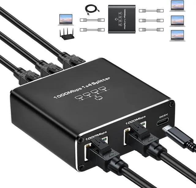 Main image of Upgrade Ethernet Splitter 1 to 4 High Speed 1000Mbps Internet Splitter [4 Devices Simultaneous Networking], Network LAN Splitter with USB Power Cable, RJ45 Splitter for Cat5/5e/6/7/8 Cable