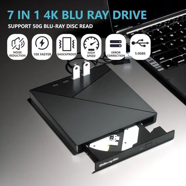 Alt view image 3 of 7 - 7 in 1 External Blu Ray Drive, USB 3.0 Type-C External Blu Ray Drive, CD DVD Burner 3D BD Player with 2 USB A & 2 USB C, SD/TF Ports, 4K Blu Ray Burner DVD Drive Compatible with Windows, Linux, MacOS