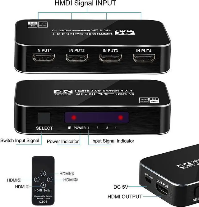 Alt view image 7 of 7 - 4K 60Hz 4x1 HDMI Switch, 4 Port Auto HDMI Switch Box with IR Remote,Support HDCP 2.2 4Kx2K 3D 1080P,4 in 1 Out HDMI Switch Switcher Selector for Xbox360/PS4/PS3/Roku/to TV Projector