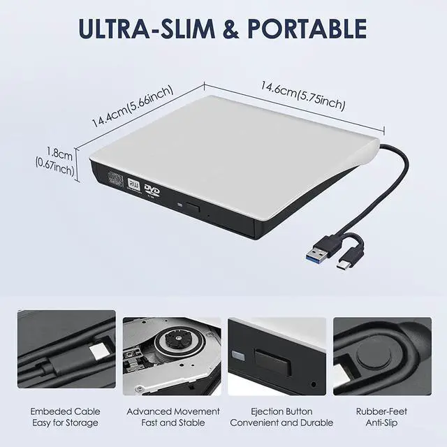 Alt view image 6 of 7 - External CD/DVD Drive for Laptop, Type-C CD/DVD Player USB 3.0 Portable Burner Writer Reader Compatible with Mac MacBook Pro/Air iMac Desktop Windows 7/8/10/XP/Vista (White)