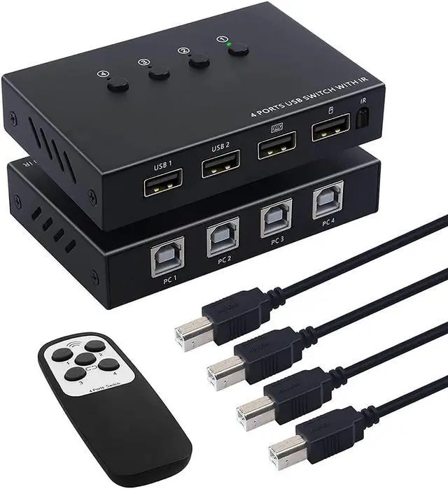 Main image of USB Switch Selector, 4 Port KVM Switch 4 Computers Sharing 4 USB Devices,USB Peripheral Switcher Box for Keyboard Mouse Printer Scanner PC. with Remote Control and 4 USB Cables