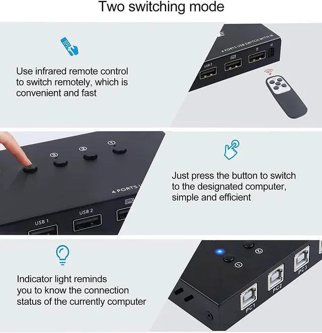 Alt view image 3 of 7 - USB Switch Selector, 4 Port KVM Switch 4 Computers Sharing 4 USB Devices,USB Peripheral Switcher Box for Keyboard Mouse Printer Scanner PC. with Remote Control and 4 USB Cables