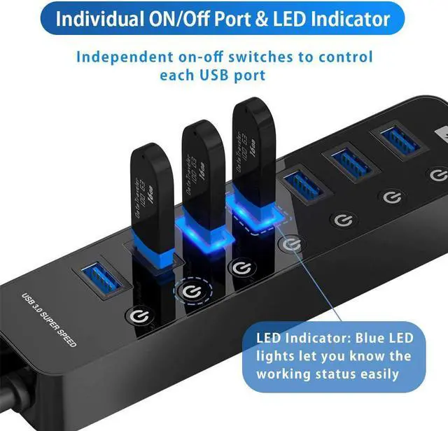 Alt view image 3 of 7 - USB Hub 3.0, 7-Port USB Hub (7 USB 3.0 Data Ports + 1 USB Smart Charging Port) with 5V/4A Power Adapter Individual On/Off Switches for Mac Laptop HDD Disk