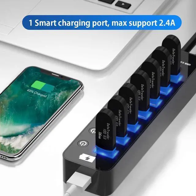 Alt view image 4 of 7 - USB Hub 3.0, 7-Port USB Hub (7 USB 3.0 Data Ports + 1 USB Smart Charging Port) with 5V/4A Power Adapter Individual On/Off Switches for Mac Laptop HDD Disk