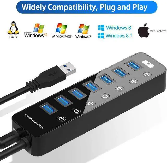 Alt view image 7 of 7 - USB Hub 3.0, 7-Port USB Hub (7 USB 3.0 Data Ports + 1 USB Smart Charging Port) with 5V/4A Power Adapter Individual On/Off Switches for Mac Laptop HDD Disk