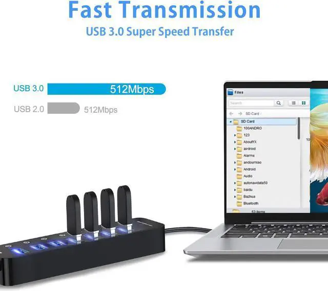 Alt view image 5 of 7 - USB Hub 3.0, 7-Port USB Hub (7 USB 3.0 Data Ports + 1 USB Smart Charging Port) with 5V/4A Power Adapter Individual On/Off Switches for Mac Laptop HDD Disk