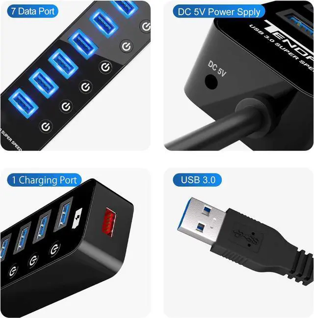 Alt view image 2 of 7 - USB Hub 3.0, 7-Port USB Hub (7 USB 3.0 Data Ports + 1 USB Smart Charging Port) with 5V/4A Power Adapter Individual On/Off Switches for Mac Laptop HDD Disk